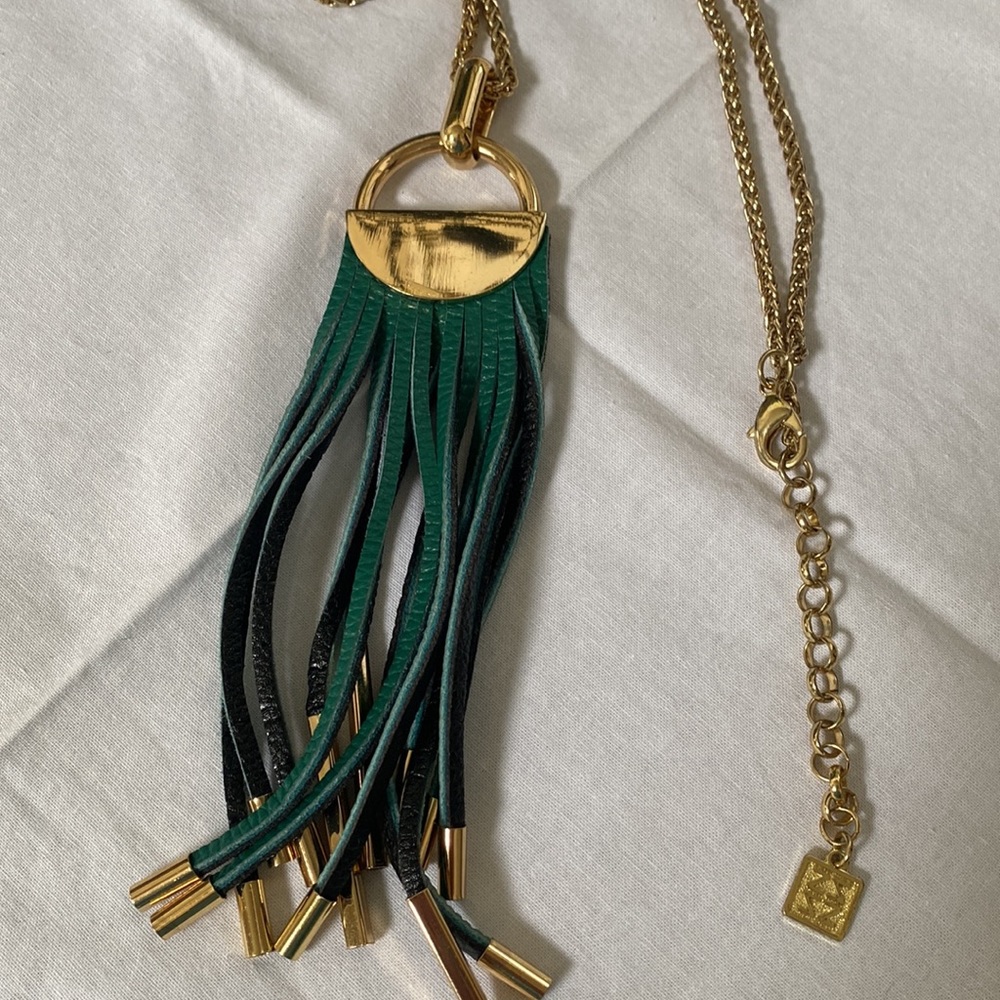 Green leather and gold tassel necklace